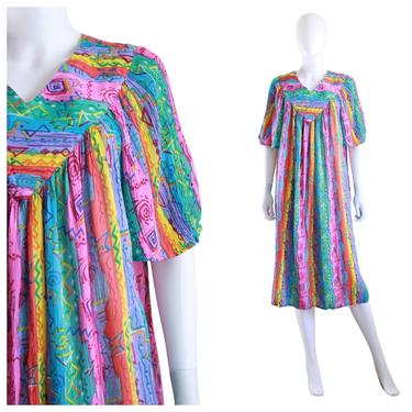 1990s Rainbow Rayon House Dress - Vintage Rainbow Stripe Dress - Vintage House Dress - Saybury House Dress - Rainbow Muu Muu  | Size Large 