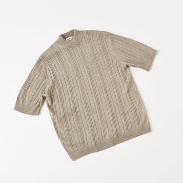 vintage silk knit mock neck top, ribbed beige pullover, size L 