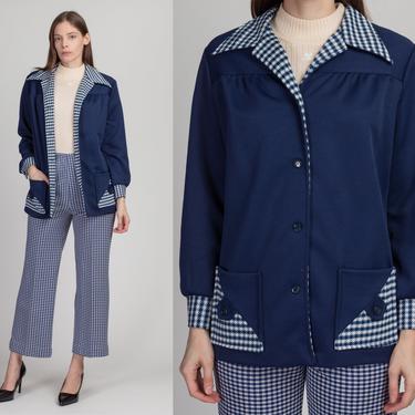 60s Navy Blue & White Houndstooth Matching Set - Medium | Vintage Women's Collared Jacket High Waist Pants Two Piece Outfit 
