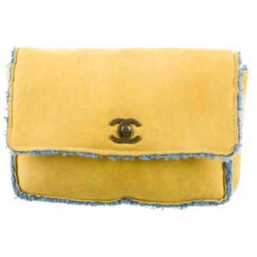Vintage CHANEL CC TURNLOCK Yellow Suede Leather Shearling Classic Flap Clutch Bag Purse 