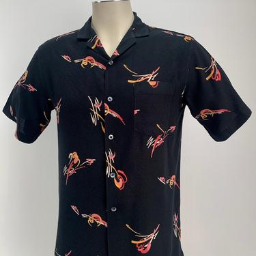 1980'S Black Rayon Shirt - Abstract Pattern - Subtle Jacquard Check - Patch Pocket - Small Lapels - Men's Size Medium 