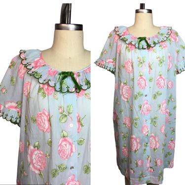 1960s Big Pink Floral Print Housecoat Robe Daydress 