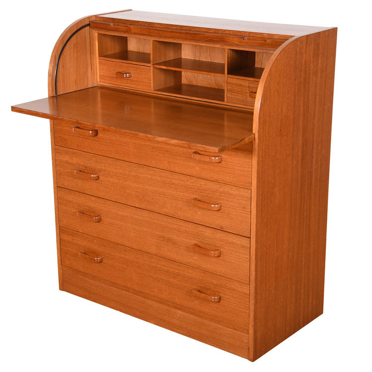 Danish Modern Rolltop Secretary Desk \/ Vanity \/ Dresser in Teak