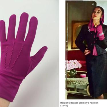 Matching My Mood - Vintage 1950s Magenta Fuchsia Bold Pink Nylon Mid Wrist Gloves - 7 to 7 1/2 
