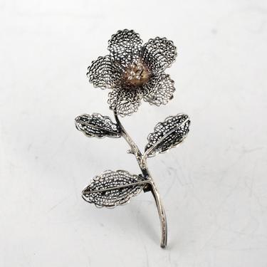 Dainty 50's 950 silver filigree flower & leaves pin, delicate detailed spun wire fine silver floral mesh c clasp brooch 