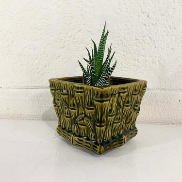Vintage Square Plant Pot Pottery Sage Green Bamboo Planter Brush Attached Saucer Mid-Century Pot USA 1970s 70s MCM 