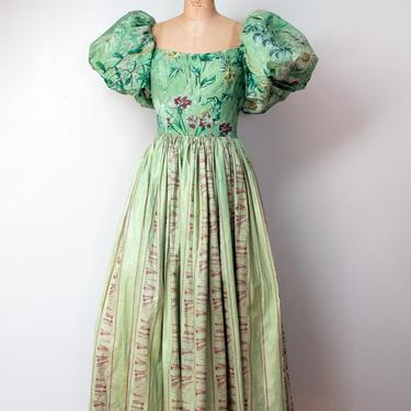 1980s Green Puff Sleeve Gown / 80s Floral Print Off The Shoulder Cotton Dress 