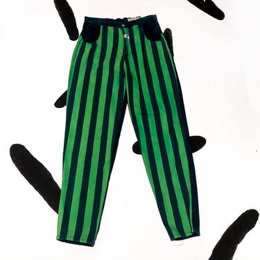 90s Green Vertical Stripe Denim Jeans / Pants / Zip Code / Dead Stock / NOS / Colored Denim / Striped Denim / High Waist / Size 36 / Mens / 