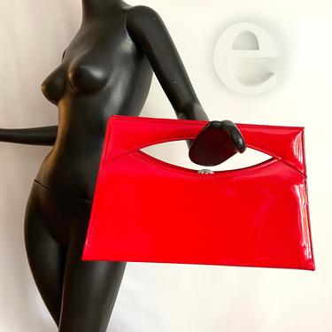 RARE Vintage 50s 60s Red MOD Purse • Lipstick Cherry Red Handbag Bag • Rockabilly Pin Up Bombshell • Shiny Faux Patent Leather • Large 14&amp;quot; W 