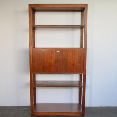 Tall Mid Century Modern Walnut Shelf with Fold Out Cabinet 