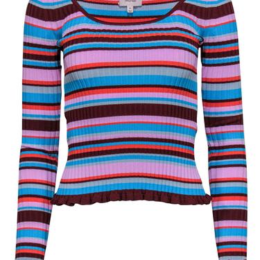 Cinq a Sept - Multicolored Striped Ribbed Sweater w/ Ruffled Hem Sz XS
