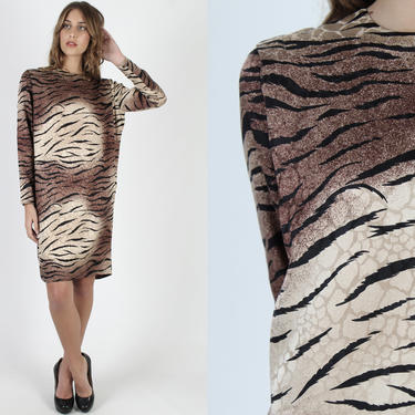 Animal Print Dress / Vintage 80s Striped Silk Dress / 1980s Tiger Jungle Shift Dress / Desert Safari Cocktail Knee Length Mini Dress 