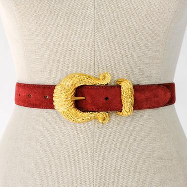 Vintage 80s 90s Linda Allard for Ellen Tracy Merlot Suede Belt w/ Chunky Brass Buckle | 100% Italian Leather | 1980s 1990s Designer Belt 