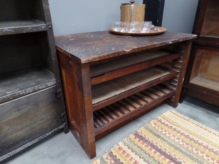 Vintage industrial oak storage cabinet for printing press blocks with trays