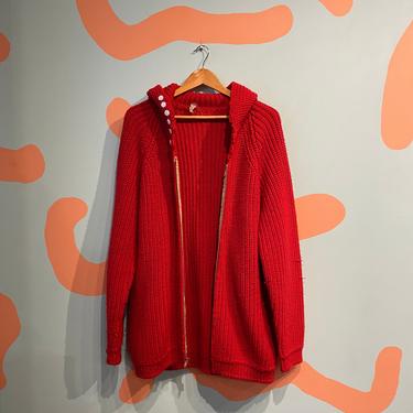Vintage 50s / 60s Ohrbach's Red Wool Knit Zip Up Cardigan with Pom Pom Hood and Pearl Buttons 