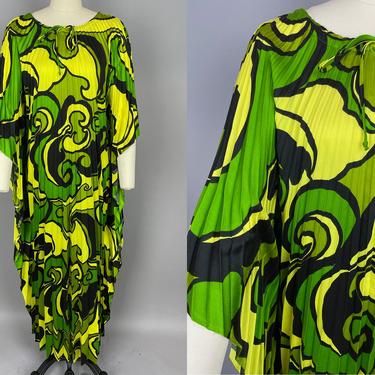 1970s Abstract Print Caftan | Vintage 60s 70s Accordion Pleat Lounge Dress | small - medium - large 