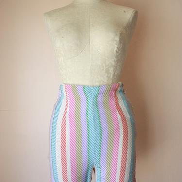 60s Pastel Rainbow Striped Knit Shorts Side Zip Size XS 
