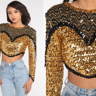 Sequined Crop Top Beaded Gold Blouse 80s Cropped Shirt Bodycon Top 1980s Club Party Long Sleeve Shirt Vintage Hipster Retro Medium 