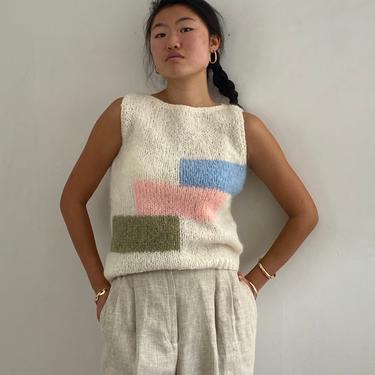 50s mohair hand knit sweater vest / vintage hand knit white Italian mohair pastel sleeveless sweater vest | M 
