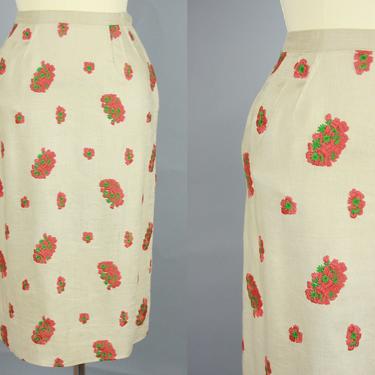 1960s POPPY Embroidered Skirt | Vintage 50 60s High Waisted Linen Skirt | xs/s 