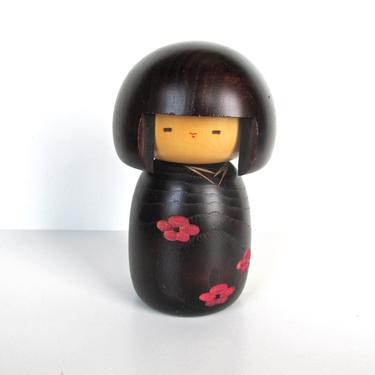 Vintage Japanese Creative Wooden Kokeshi Doll, Large Kokeshi Doll With Plum Flower Kimono, Japanese Folk Art, Ningyo 