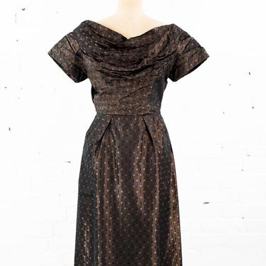 1950s Bronze Taffeta Party Dress | 50s Brown Taffeta Cocktail Dress | Pin Up Dress | Mme Zena | Medium 