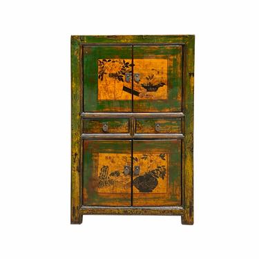 Chinese Distressed Grass Green Two Shelves Flower Graphic Cabinet cs6920E 