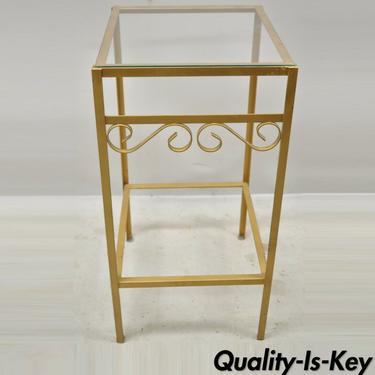 Hollywood Regency Style Gold Metal Glass Top 30" Plant Stand Pedestal Side Table