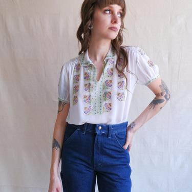 Vintage Embroidered Silk Folk Blouse/Floral Needlepoint Smocked Puff Sleeve Top/ Size Small Medium 