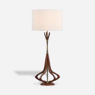 Mid-Century Walnut & Brass Sculpted Table Lamp