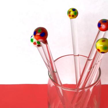 Vintage Glass Cocktail Stirrer Sticks, Swizzle Sticks with Polka Dot Designs, Set of 6 