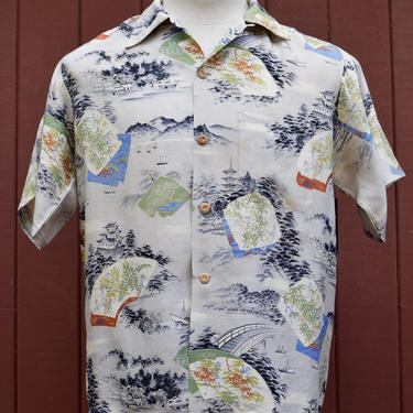 Late 40s / Early 50s Silk Japanese Edo Print Hookano Hawaiian / Aloha Shirt 