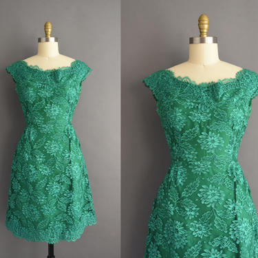 vintage 1950s | Gorgeous Deep Green Floral Lace Holiday Cocktail Party Dress | Medium | 50s dress 