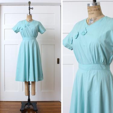 vintage 1950s cotton day dress • retro fifties aqua blue short sleeve full skirt dress 