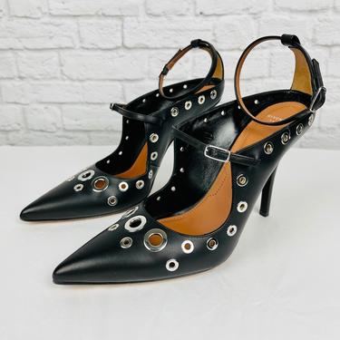 Givenchy Grommet Ankle Strap Pumps, Size 39, Black/Silver