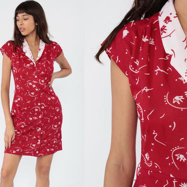 Red Squiggle Dress 70s Mini Dress Abstract Print High Waisted Dress 80s Shirtwaist Button Up Secretary Boho 1970s Cap Sleeve Vintage Small 