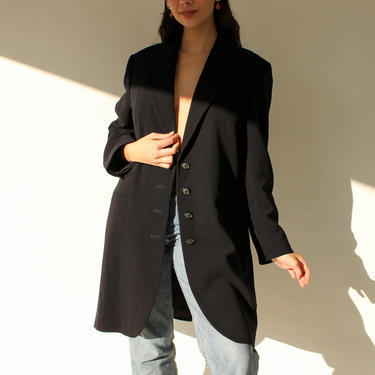 Vintage 90s Yves Saint Laurent Black Wool Gabardine Unstructured Blazer Jacket | Made in France | 1990s YSL Designer 3/4 Length Overcoat 