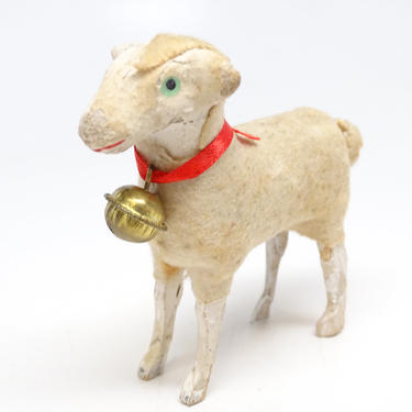 Antique 3 Inch Wooly Sheep with Bell, for Putz or Christmas Nativity Creche, Vintage Toy Lamb 