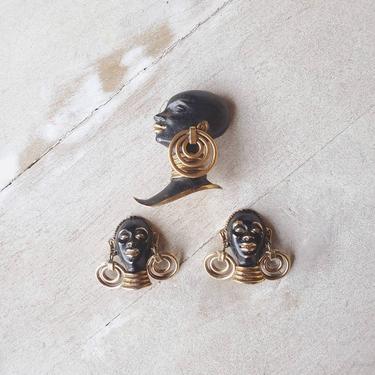 Rare 1950s brooch pin and earrings, african earrings, brass african queen, cameo vintage brooch, earrings set, vintage jewelry 
