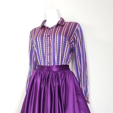 Vintage Purple Plaid Blouse, Small / Silk Blend Button Blouse / Country Plaid Cocktail Blouse / Classic 1950s Style Long Sleeve Dress Blouse 