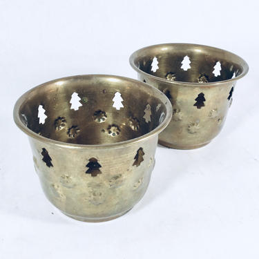 Brass Tea Candle Holders | Set of 2 | Pine Tree Cutout | Candle Holders | Holiday Decor | Winter Decorations | Christmas | Brass | Small 