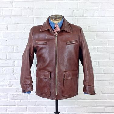 Size L Vintage 1930s 1940s 1950s Belted Back Leather Sports Jacket w/ Side Tab Adjuster 