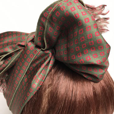 70’s beautiful soft silk ~ extra long scarf ~ khaki green &amp; red micro dot pattern~ vintage all silk necktie hair wrap~ 
