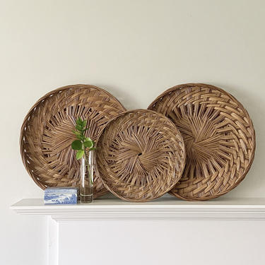 Wall Basket Set of Three Large Flat Round Woven Hanging Boho Decor 