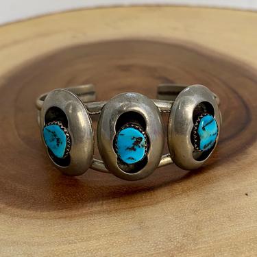 THREE CHEERS Vintage 70s Triple Stone Cuff | 1970s Native American Navajo Style Silver &amp; Turquoise Shadowbox Bracelet | Southwest Jewelry 