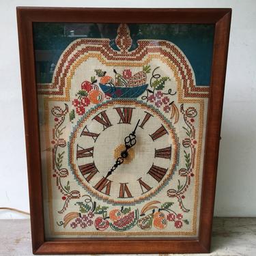 Vintage Decorative Clock, Mantel Box Clock With Cross Stitch Fruit, Colonial Early American, Hand Made 