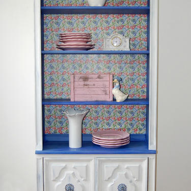 Shabby Chic China Cabinet | White Floral China Cabinet | White and Blue Bookcase | Bookshelf | Shabby Chic Storage Unit | Hydrangea Bookcase 