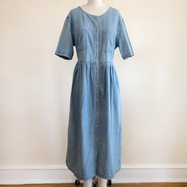 Short-Sleeved, Button-Down Denim Maxi Dress with Woven Dots - 1980s 