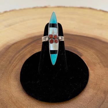 DOUBLE TROUBLE Vintage 70s Multi Inlay Ring | 1970s Turquoise Inlay | Vintage Silver Jewelry |  Native American Style Jewelry | Size 4 