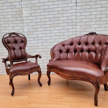Antique French Provincial Carved Floral Motifs Mahogany Settee and Armchair Newly Uphostered - 2 Piece Parlor Set